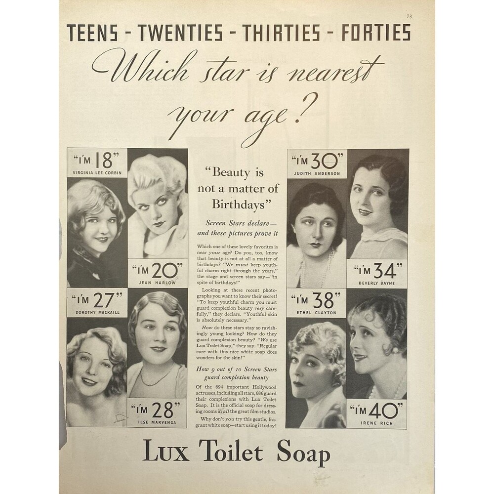 LUX Toilet Soap "Jean Harlow: Beauty is Not a Matter of Birthdays" Print Ad 1930